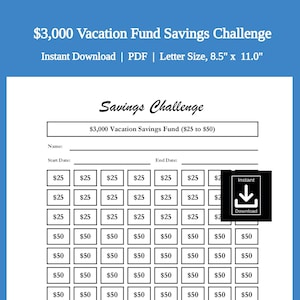 Instant Download - Savings Challenge | Savings Tracker | 3000 Vacation Fund Challenge, 1 pdf file, letter size!