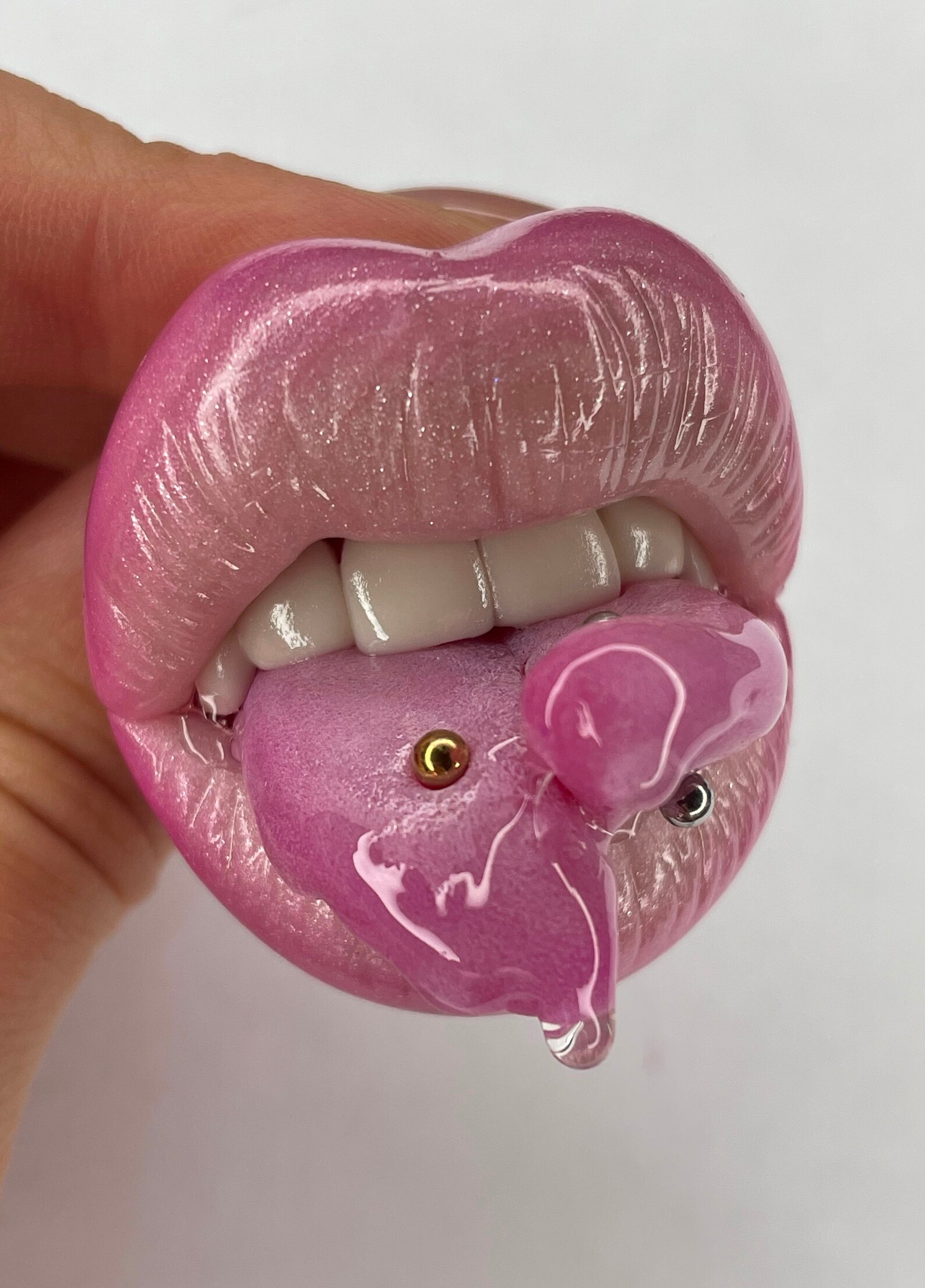 Pink lips with piercings Pink lips brooch Polymer clay lips Etsy