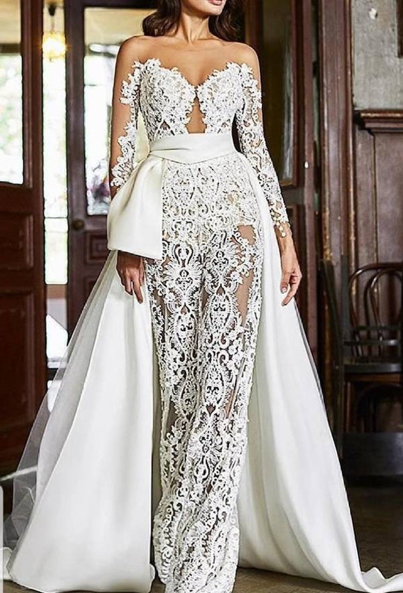 White Bridal prom lace jumpsuit with overskirt scape wedding | Etsy