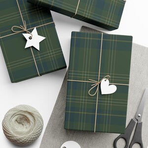 Modern farmhouse christmas wrapping paper roll.Plaid tartan gift wrap. SAge Kelly Green and muted blue. Rustic modern