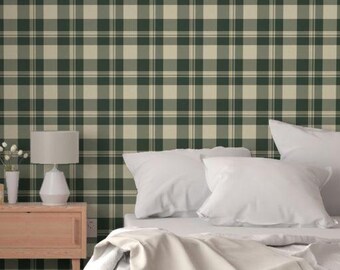Heritage Plaid Peel and Stick Wallpaper | Forest Green Warm Beige | Modern Farmhouse Interior | Living Room Feature Accent Wall | 118929262