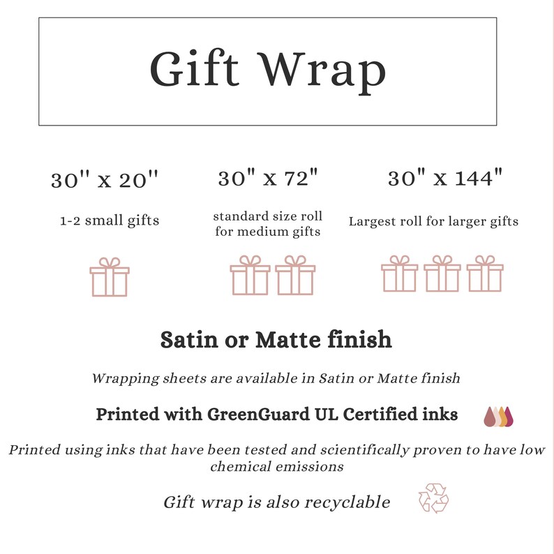 Peut inclure: Image pr&eacute;sentant des options d'emballage cadeau. Les tailles incluent 76 cm x 51 cm, 76 cm x 183 cm et 76 cm x 366 cm. Disponible en finition satin&eacute;e ou mate. Imprim&eacute; avec des encres certifi&eacute;es GreenGuard UL. Le papier cadeau est recyclable.