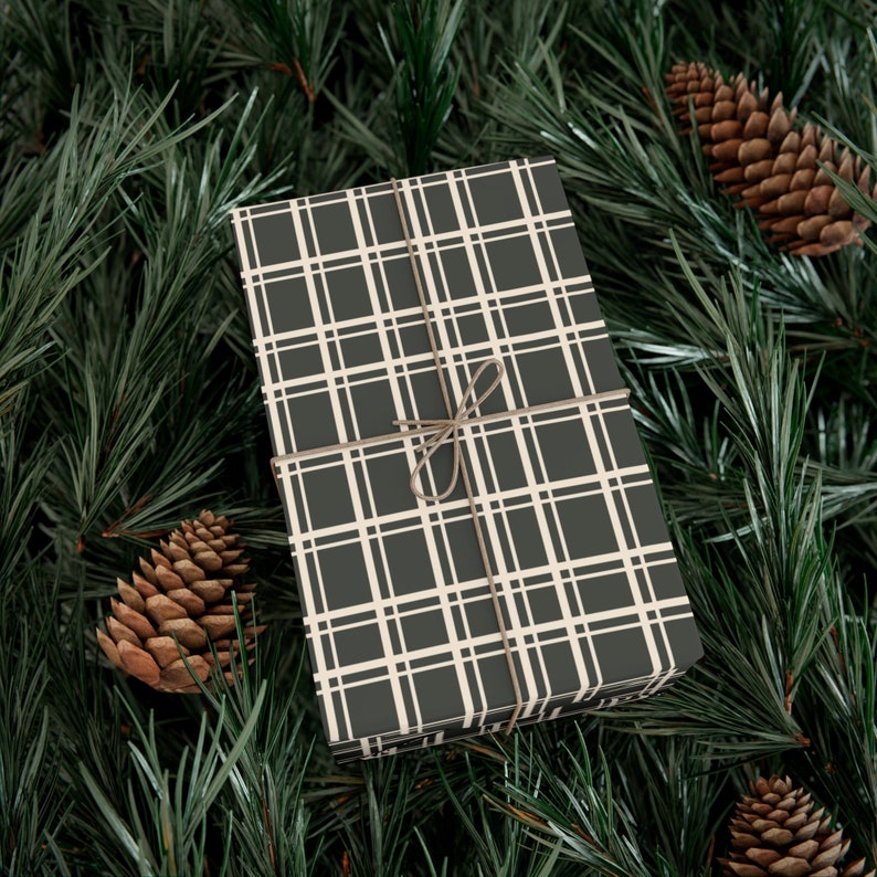Dark Grey-Green Plaid Rustic Farmhouse Wrapping Paper Green and Cream Eco Friendly Simple Xmas Holiday Gift Wrap Paper Roll Moody image 3