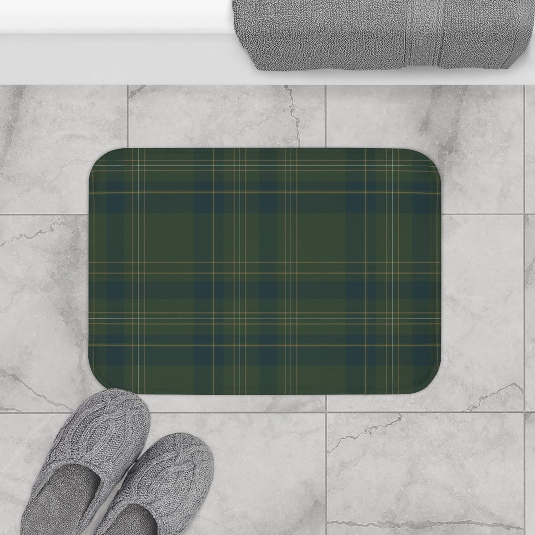 Dark-sage Green Plaid Bath Mat | Memory Foam Bathroom Rug | Tartan ...