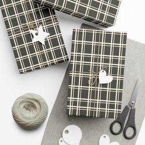 Dark Grey-Green Plaid Rustic Farmhouse Wrapping Paper Green and Cream Eco Friendly Simple Xmas Holiday Gift Wrap Paper Roll Moody image 1