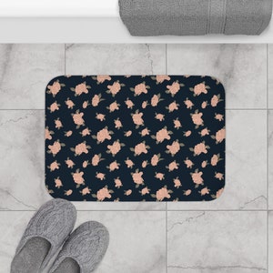 Whimsy Goth Floral Bath Mat | Original Art | Memory Foam Bathroom Rug | Non-Slip | Soft, Home Spa Decor, Botanical Pink Flowers on Dark Blue
