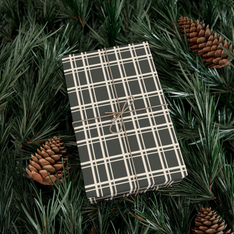 Dark Grey-Green Plaid Rustic Farmhouse Wrapping Paper Green and Cream Eco Friendly Simple Xmas Holiday Gift Wrap Paper Roll Moody image 10