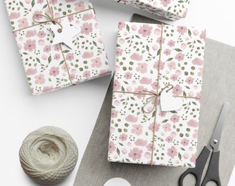 Spring Floral Botanical Eco-Friendly Wrapping Paper - Pink and Green - Holiday Gift Wrap Paper Roll- Birthday- Wedding- Pretty Farmhouse