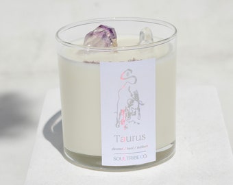 Iridescent Taurus Candle Infused w/ Healing Crystals | Zodiac Candle | Intention Candle | Horoscope Candle | Taurus Gift | Taurus Soy Candle