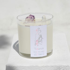 Taurus Zodiac Candle: Egyptian Amber Scent, Healing Crystals Infused