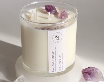 Lavender Fields Candle w/ Crystals for Manifestation | Vegan, Non-Toxic, Soy Wax, Handmade, Phthalate-Free