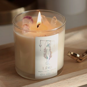 Iridescent Libra Zodiac Candle with Crystals: Egyptian Amber Scent