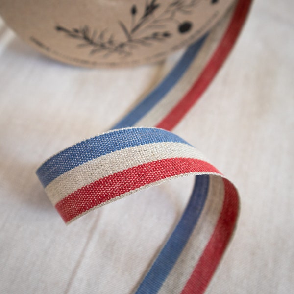 Ruban de Lin en 25mm tricolore bleu blanc rouge, médaille, Patriotique France, Rayure Bleu blanc rouge