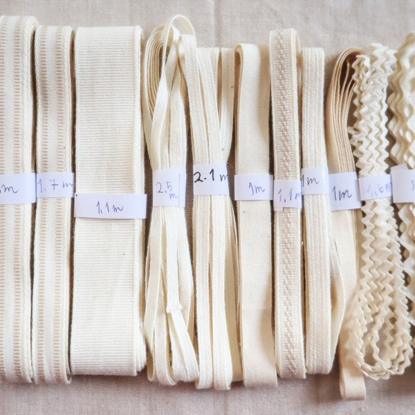 Ensemble de rubans/galons en coton bio 100%, ruban/galon en ivoire , Lot de chutes de ruban/galon, ruban/galon pour couture