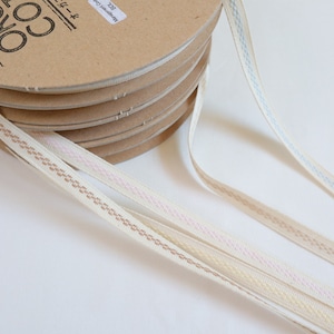 Può includere: Quattro bobine di nastro di cotone bianco con strisce di diversi colori. Il nastro è su una bobina di cartone con la scritta "ORGANIC COTTON" stampata su di essa.
