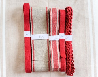 Conjunto de cintas/galones en lino y algodón 100% orgánico, cinta/galón en rojo, Lote de retales de cinta/galón, cinta/galón para coser
