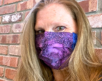 PURPLE RAIN Batik Face Mask with filter pocket, nose wire, and two layers of quilters cotton