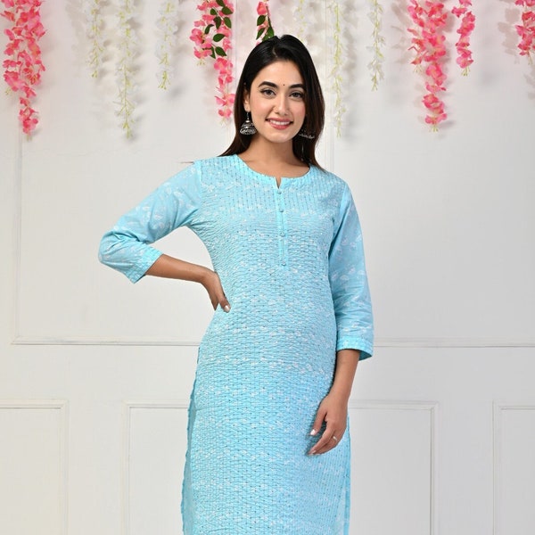 Indian Sky blue Schwere Baumwollsequenz Arbeit Kurti mit Hose und Designer Dupatta Set für Frauen und Mädchen, Kurti Hose Set, Kurti Palazzo Anzug