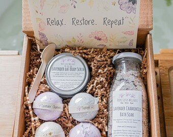 Organic Self Care Spa Gift Set | Relaxation Gift Box | Lavender Chamomile Stress Relief Box | Thinking of You Care Package | Bath Bomb Gift