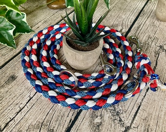 May include: Braided dog leash in red, white, and blue. The leash is made of thick rope and features a silver metal clasp and ring. A small potted plant sits in the center of the leash, which is lying on a wooden surface.