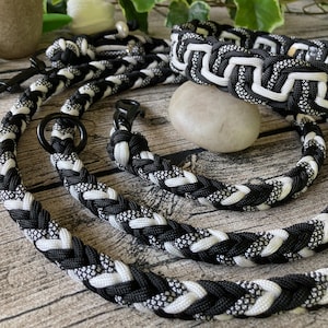 Set of dog collar and leash/lead, handmade from paracord, customizable, color combination Black&White