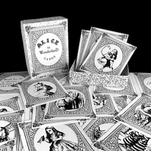 48x Alice in Wonderland cards with box, Wonderland black and white cards, ink saver cards, digital instant download, Alice cards