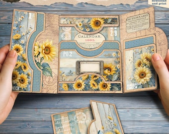 Printable Sunflower Junk Journal Folio Kit – Vintage Floral Ephemera Pockets, Envelope & Labels Collage Sheets
