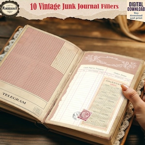 May include: Open vintage journal with aged paper and ledger designs. The journal features a pink grid, a calendar from 1883, and the word "TELEGRAM." The cover is brown with lace trim. The text reads "10 Vintage Junk Journal Fillers" and "DIGITAL DOWNLOAD."
