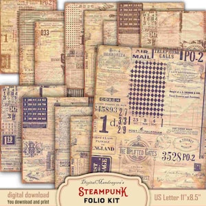 Peut inclure: Un ensemble d'éphémères en papier de style vintage sur le thème steampunk. Les papiers présentent des textures vieillies, des timbres, des billets et des notes manuscrites. L'image comprend le texte "Digital Mandragora's STEAMPUNK FOLIO KIT" et "US Letter 11"x8.5".
