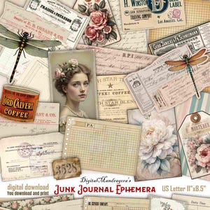 May include: A collage of vintage ephemera, including ledger paper, receipts, and floral illustrations. The image features a portrait of a woman, a coffee can, and dragonfly illustrations. Text includes "Junk Journal Ephemera" and "US Letter 11"x8.5".