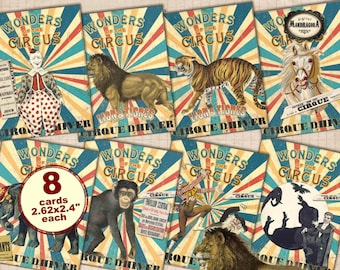 Vintage circus cards, circus ephemera, junk journal cards, old circus, wild animals, clowns, instant digital download