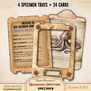 May include: A set of specimen trays and cards featuring illustrations of mechanical creatures. The cards include drawings of an octopus, a bat, and a bee, with text in a vintage style. The set is labeled "Mechanical Creatures Specimen".