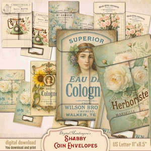 Envelopes de moedas florais francesas antigas – Imprimíveis para itens de diário de lixo – Conjunto de envelopes vintage de 3,5" x 5" – Download digital