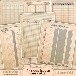 Ledger Junk Journal Papers - Blank Notebook - Invoice - Writing Paper - Digital Ephemera -  Grunge Printable Pack  - Old Stained Paper Pack