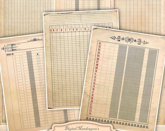 Vintage Junk Journal Papers — Stained Antique Notebook Invoice Sheets, Digital Printable Pack & Ledger Kit