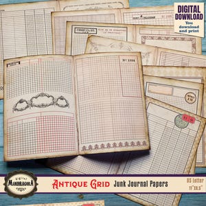 Antique Grid Paper – Aged Ledger Textures, Junk Journal Spread Pack