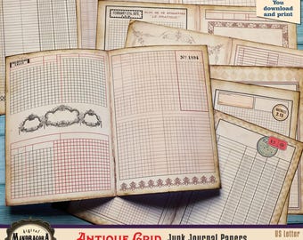 Antique Grid Paper – Aged Ledger Textures, Junk Journal Spread Pack