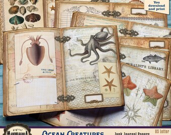 Könnte beinhalten: Eine Sammlung von Junk-Journal-Papieren im Vintage-Stil mit Ozean-Thema. Die Seiten zeigen Illustrationen von Meereskreaturen wie einem Oktopus, Tintenfisch, Seesternen und Muscheln. Die Papiere haben das Format US Letter, 27.9cm x 21.6cm, und sind als digitaler Download erhältlich.