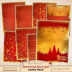 Christmas Gold Leaf Scrapbook Paper Pack, Vintage Red Metallic Decorative Papers for Card Making & Junk Journal, Digital Download