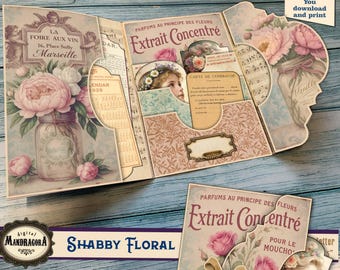 Shabby Floral Trifold Folio Kit – Printable Junk Journal Ephemera, Tags Pockets | Blush Rose & Antique Beige