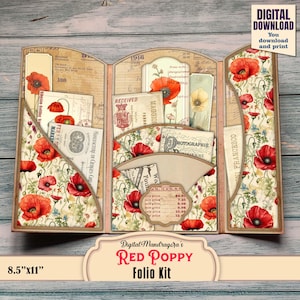 Vintage red poppy junk journal kit printable - floral ephemera pages and folio kit
