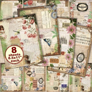 Vintage  ephemera paper pack, journal papers, botanical print, decorative paper, decoupage, journaling, scrapbook papers, digital download