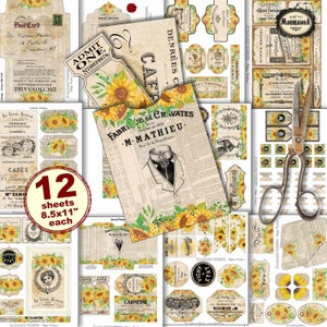 Sunflower junk journal supplies, sunflowers embellishments, sunflower ephemera, sunflower journal pocket, sunflower cards, digital download