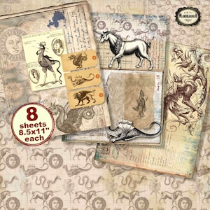 Mythical beasts scrapbooking paper pack, vintage mythical dragon, unicorn junk journal paper, mythical ephemera, instant digital download