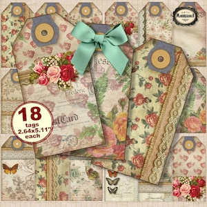 Cottage Chic Floral Tags: Vintage Lace Scrapbook Embellishments (Digital Download)