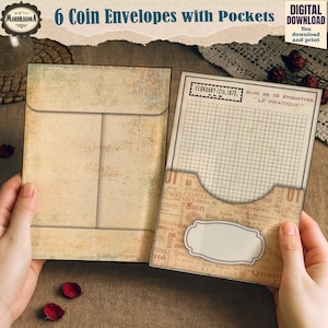 May include: Two vintage-style coin envelopes with pockets. The envelopes are beige with a distressed, aged appearance. One envelope is closed, while the other is open, revealing a grid-lined interior and decorative labels. Text includes "6 Coin Envelopes with Pockets."