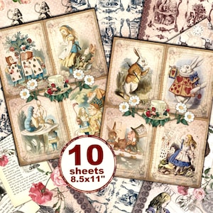 Alice in Wonderland paper pack, Wonderland decorative papers, Alice decoupage, Alice printable, paper craft kit, digital instant download