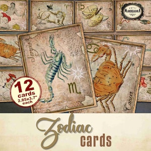 Zodiac cards, 2.85x3.7", antique celestial cards, astrological cards,  horoscope cards,  printable instant download