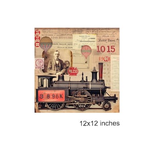 May include: A vintage-style collage featuring a black steam locomotive with red and white lettering that reads "8 8 96K". The locomotive is surrounded by images of hot air balloons, stamps, and a calendar from 1901. The collage is 12 inches by 12 inches.
