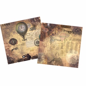 May include: Two vintage-style paper sheets with a steampunk theme. The sheets feature illustrations of airships, gears, and clocks. The text on the sheets includes the words "Steampunk" and "Math".